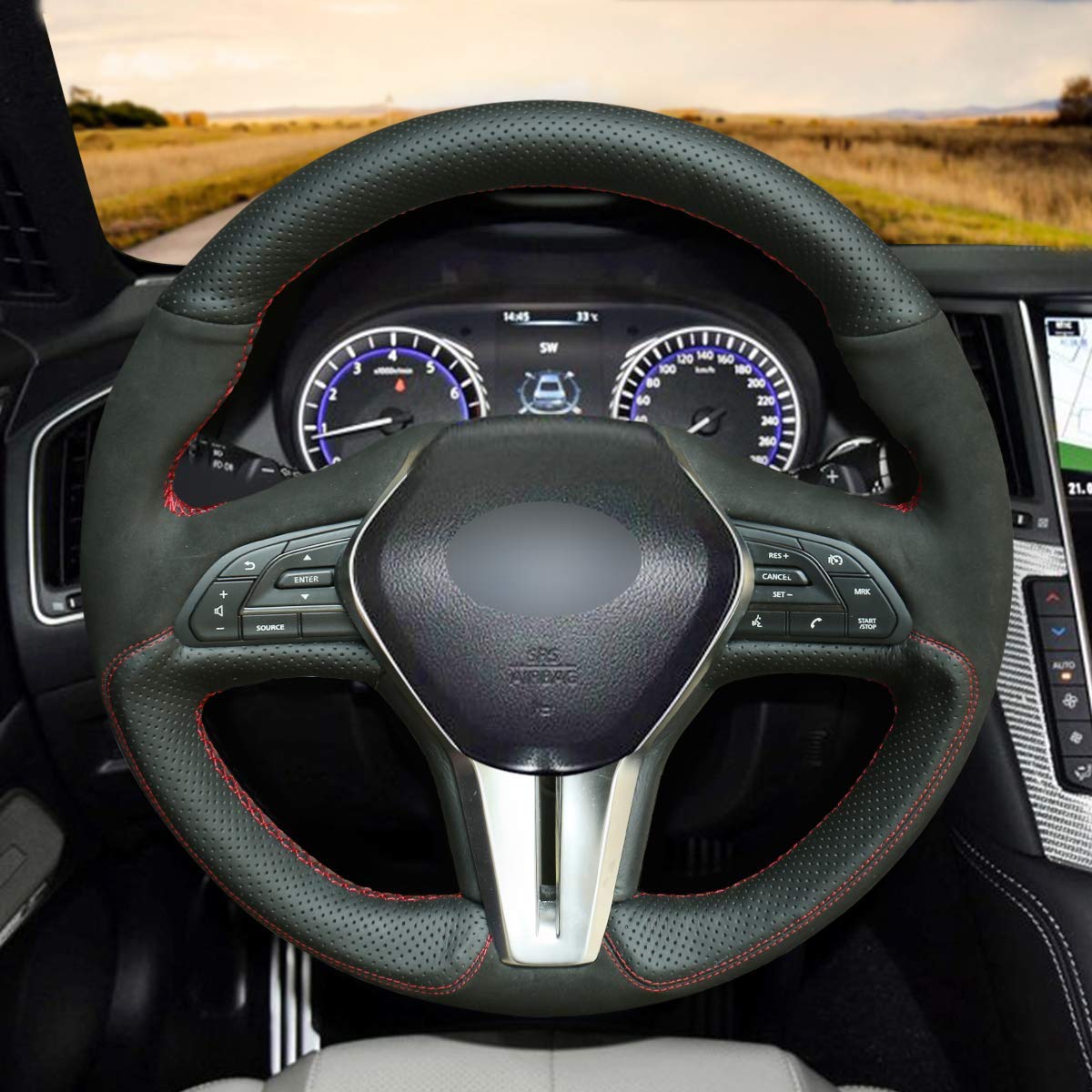 Loncky Auto Custom Fit OEM Black Genuine Leather Suede Car Steering Wheel Cover for Infiniti Q50